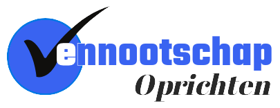Logo met een blauwe cirkel en een zwart vinkje, de tekst luidt "Vennootschap Oprichten" met "ennootschap" in vetgedrukt blauw en "Oprichten" in cursief zwart lettertype.