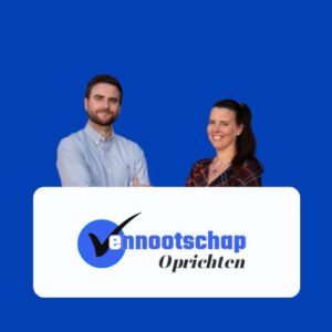 Een man en een vrouw staan achter een bord met de tekst "Vennootschap Oprichten" op een effen blauwe achtergrond, wat de verschillende ondernemingsvormen in België benadrukt.