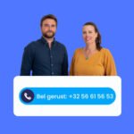 Een man en een vrouw staan naast elkaar voor een blauwe achtergrond, boven een contactvakje met een telefoonnummer: +32 56 61 56 53.